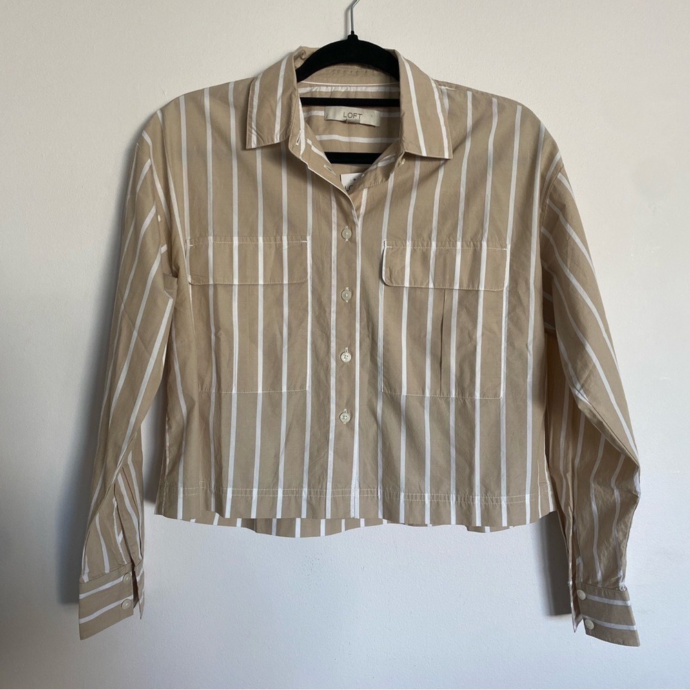 LOFT Beige and White Striped Cropped Shirt - Picture 3 of 4